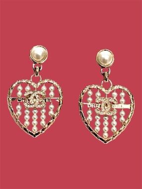 CHANEL Gold Heart Earrings with Pearl and diamond Accents